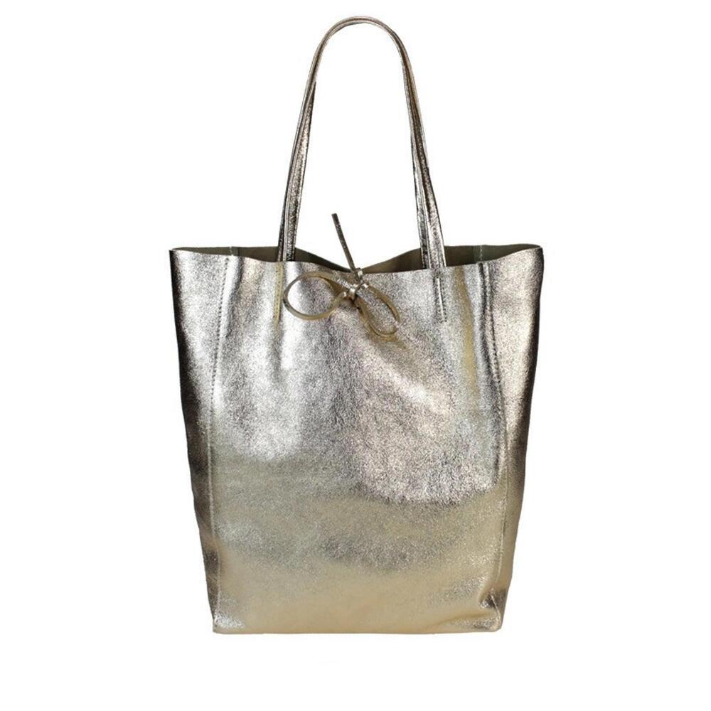 Stylish Metallic Gold Tote Bag Italy Genuine Leather Shoulder Bag Crossbody